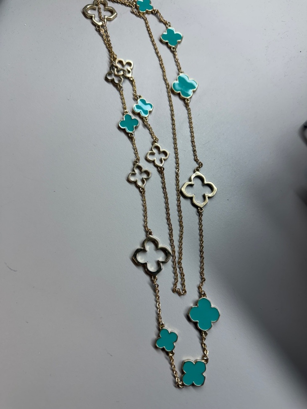 Gold Clover Long Necklace with Turquoise and White Enamel